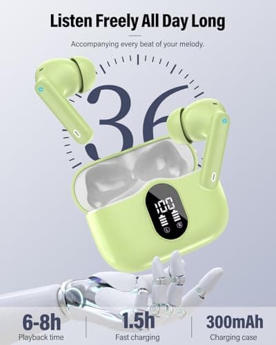 Wireless Earbuds, Bluetooth 5.4 Headphones Bass Stereo, Ear Buds with Noise Cancelling Mic, IP7 Waterproof in Ear Earphones, 36H LED Display Bluetooth Earbuds for Laptop Pad Phones Sports, Grass Green