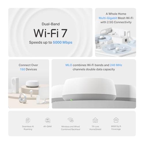 TP-Link Deco BE25 Dual-Band BE5000 WiFi 7 Mesh Wi-Fi System | 4-Stream 5 Gbps, 240 Mhz | Covers up to 6,600 Sq.Ft | 2X 2.5G Ports Wired Backhaul | VPN,MLO, AI-Roaming, HomeShield, 3-Pack