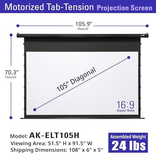 Akia Screens 105 inch Motorized Projector Screen Tensioned 16:9 Retractable Projector Screen Indoor Movie Screen Compatible with UST, Short, Standard Throw Projection for 4K Home Theater, AK-ELT105H