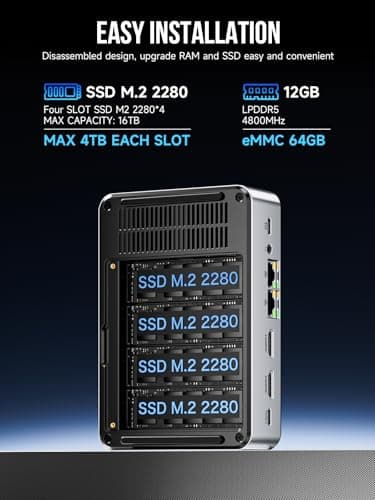 GMKtec Mini PC NAS, G9 Intel N150 Dual Boot Linux Desktop Computer 12GB DDR5 64GB EMMC M.2 SSD, 4*M.2 NVMe Slots, Dual NIC 2.5GbE, USB-C/USB 3.2 10Gbps, Network Attached Storage
