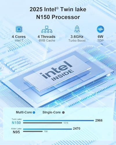 Mini PC W-11, Mini-PC with Intel CPU N150(up to 3.6GHz), 16 GB DDR4 RAM 512 GB M.2 SSD Micro Gaming PC, 4K Dual Display, HDMI 2.0/DP, USB 3.0/WiFi 5/BT 5, Fit Office Home School