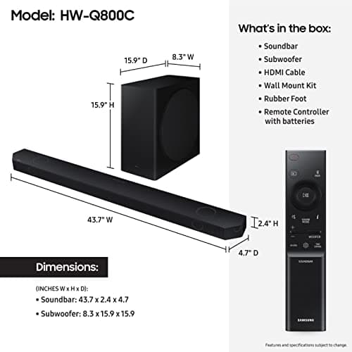 SAMSUNG HW-Q800C 5.1.2ch Soundbar w/Wireless Dolby Audio, Q-Symphony, SpaceFit Sound Pro, Adaptive Sound, Game Mode Pro, Airplay 2, AVA, 8-Inch Subwoofer, Alexa Built-in