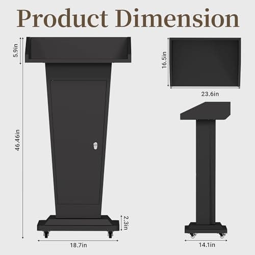 Heavy-Duty Black Metal Podium Stand with Lockable Wheels | Mobile Lectern with Storage Cabinet & Adjustable Height | for Conference Rooms, Churches, Classrooms & Events