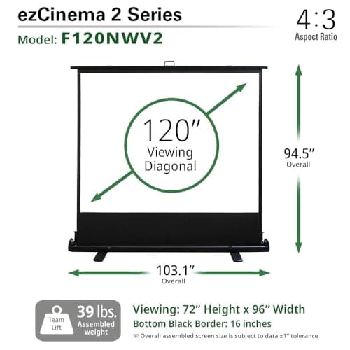 Elite Screens ezCinema 2, 120-inch 4:3 Aspect Ratio Portable Manual Floor Pull Up with Scissor Backed Projector Projection Screen Office Classroom Church Home Theater + Carrying Bag, F120NWV2