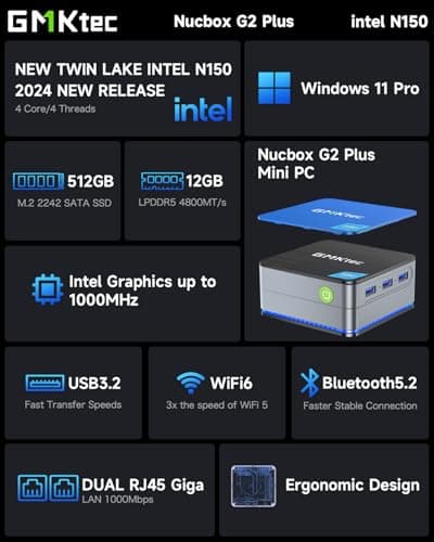 GMKtec Mini PC Intel N150(Turbo 3.6GHz) 12GB DDR5 512GB SSD Dual LAN, Desktop Mini Computer 4K Triple Display, WiFi6, BT5.2, Energy Efficient