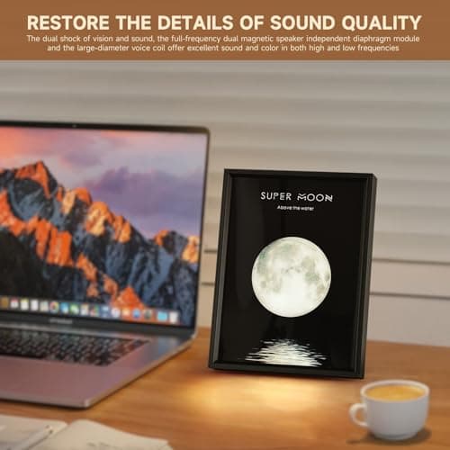 Super Moon Wireless Bluetooth Speaker Wall Art, LED Moon Light Decoration, Black Frame with Music Player Gift