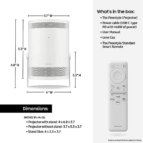 SAMSUNG 30" - 100" The Freestyle FHD HDR Smart Portable Projector for Indoor and Outdoor Home Theater, Big Screen Experience with Premium 360 Sound w/ Alexa Built-In (SP-LSP3BLAXZA)