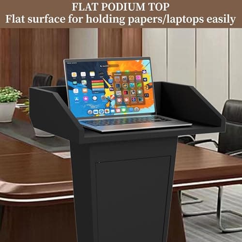 Heavy-Duty Black Metal Podium Stand with Lockable Wheels | Mobile Lectern with Storage Cabinet & Adjustable Height | for Conference Rooms, Churches, Classrooms & Events