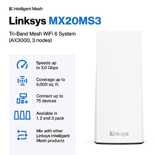 Linksys Atlas WiFi 6 Router Home WiFi Mesh System, Dual-Band, 6,000 Sq. ft Coverage, 802.11ax, 75+ Devices, Speeds up to (AX3000) 3.0Gbps - MX20MS3, 3-Pack