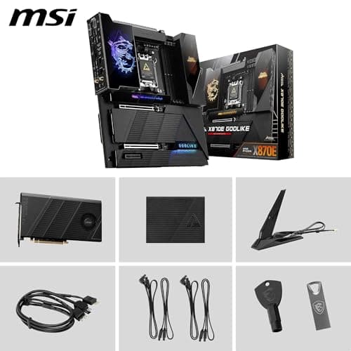 MSI MEG X870E GODLIKE, E-ATX - Supports AMD Ryzen 9000/8000/7000 Processors, AM5 - Dynamic Dashboard III, EZ Slide M.2, 110A SPS, DDR5 Memory (9000+ MT/s OC), M.2 & PCIe 5.0, USB4, Wi-Fi 7, 10G LAN