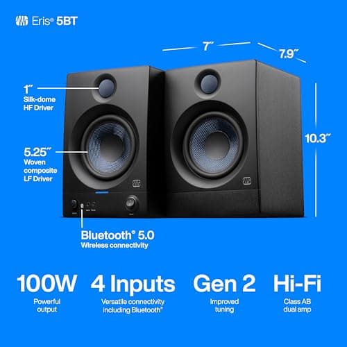 PreSonus Eris 5BT Bluetooth Studio Monitors, Pair — 5.25" Inch Powered Bookshelf Speakers, Stereo, Desktop Computer, Near Field Music Production, Audio Mixing Recording