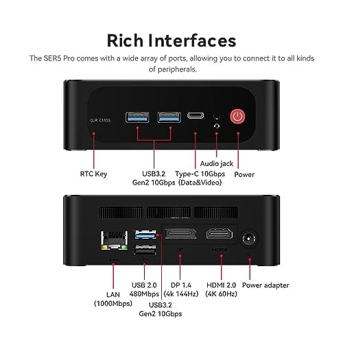 Beelink SER5 Pro Mini PC, AMD Ryzen 7 5825U(8C/16T, up to 4.5GHz), 32GB DDR4 RAM 500GB PCle3.0 SSD, SER5 Mini Computer Support 4K@60Hz Triple Display, WiFi6, BT5.2, DP+HDMI, Type-C