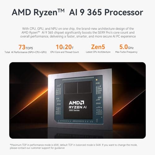 Beelink SER9 Pro AI Mini PC, AMD Ryzen AI 9 365(73TOPS,10C/20T,5.0GHz), 32G LPDDR5X 8000MHz 1TB PCIe4.0 x4 SSD, AI PC AMD Radeon 880M NPU 50 AI Tops, Built-in MIC/Speakers/USB4/WiFi6/BT5.2/2.5G