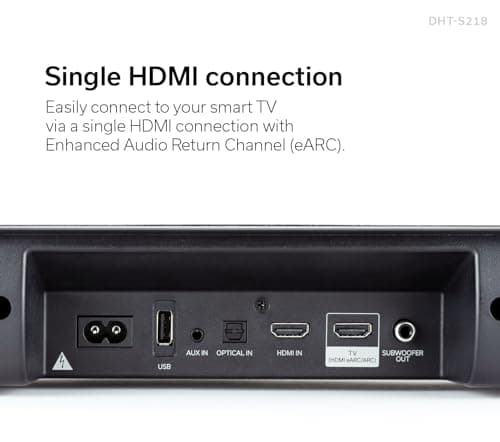 Denon DHT-S218 Sound Bar (Black), 2.1-Channel, 3D Audio with Dolby Atmos, 2 Built-in Subwoofers, Dual Midrange Drivers & Tweeters, 4K UHD HDMI with eARC, Dialog Enhancer, Multi-Pairing & Multi-Point