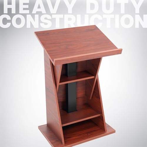VIVO Pneumatic Height Adjustable Podium, Professional Presentation Lectern with 24 inch Platform and Storage Shelves, Dark Walnut, Stand-PDMH