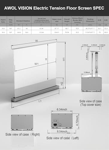 AWOL VISION 120" Motorized Rising Matte White Projector Screen for Long Short Ultra Short Throw Projector, Floor Stand Indoor Outdoor Theater Screen, 170°+ Viewable 4K/8K Ultra HD MW-F220
