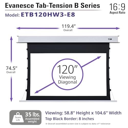 Elite Screens Evanesce Tab-Tension B, 120-inch 16:9, 4K / 8K HD, Recessed in-Ceiling Electric Tab Tensioned Projector Screen, Matte White Projection Screen Surface Programmed Remote Kit, ETB120HW3-E8