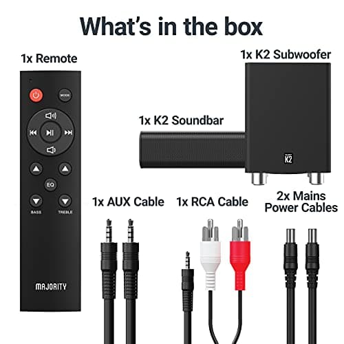 Majority K2 Sound Bar with Subwoofer | 150W Powerful Stereo 2.1 Channel Sound Bar for TV | Home Theatre 3D Surround Sound I HDMI ARC, Bluetooth, Optical & RCA Connection I USB & AUX Playback | Black