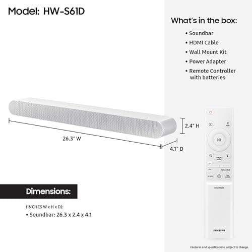 SAMSUNG S61D 5.0ch Soundbar w/Wireless Dolby Atmos Audio, All-in-One Design, Q-Symphony, SpaceFit Sound Pro, Adaptive Sound, Game Mode Pro with Alexa Built-in, HW-S61D/ZA