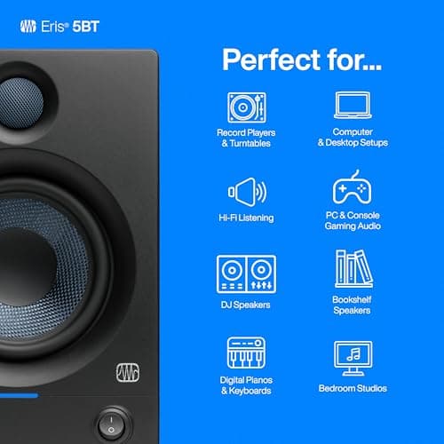 PreSonus Eris 5BT Bluetooth Studio Monitors, Pair — 5.25" Inch Powered Bookshelf Speakers, Stereo, Desktop Computer, Near Field Music Production, Audio Mixing Recording