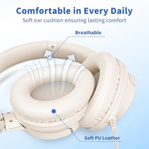 Headphones Wired with Microphone, Over Ear Foldable 3.5mm Plug in Headphones Corded with 4.9ft Tangle-Free Nylon Cord for Tablet, Laptop, MP3/4, School, Airplane Travel (Beige)