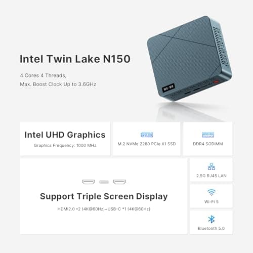 wo-we H5 Mini PC Intel Twin Lake N150 (3 Year After-Sale Support) 16GB DDR4 RAM 512GB M.2 PCLe SSD 4C/4T 4K Triple Display Dual HDMI&Type-C,USB3.2 x4 Mini Desktop Computer for Home Office Business