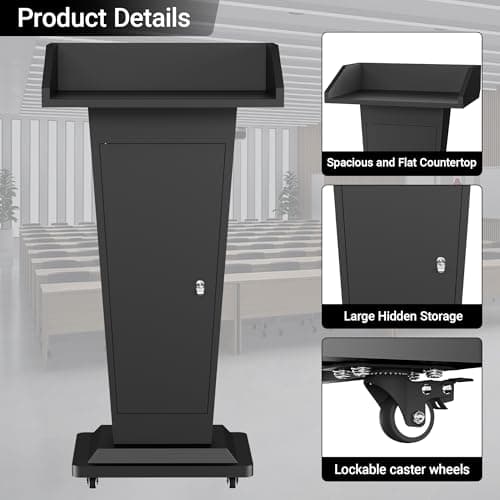 Tredre Black Metal Podium Stand with Wheels, Heavy-Duty Lecterns & Podiums with Storage, Premium Pulpits for Churches, Classrooms and Conferences, Scratch-Resistant Surface, 46.5”H