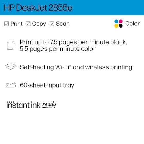 HP DeskJet 2855e Wireless All-in-One Color Inkjet Printer, Scanner, Copier, Best-for-home, 3 months of Instant Ink included, Single-band Wi-Fi connectivity (588S5A)