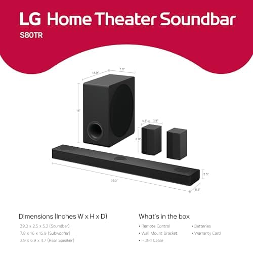 LG S80TR 5.1.3 ch. OLED evo TV Matching Home Theater Soundbar with Rear Surround Speakers and Wireless Subwoofer, Wow Orchestra, Dolby Atmos, WOWCAST Built-in (2024 Model)