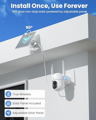 Solar Security Cameras Wireless Outdoor, 3MP Pan Tilt 360°WiFi Camera with Color Night Vision/PIR Sensor/2-Way Audio/Alexa/Google Assistant