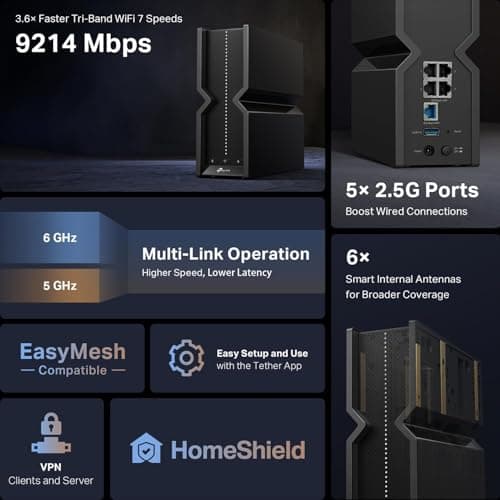 TP-Link Tri-Band BE9300 WiFi 7 Router Archer BE550 6-Stream 9.2Gbps Full 2.5G Ports 6 Internal Antennas Covers Up to 2,000 Sq. Ft. Add Easy-Mesh Device for Extended Coverage VPN Support