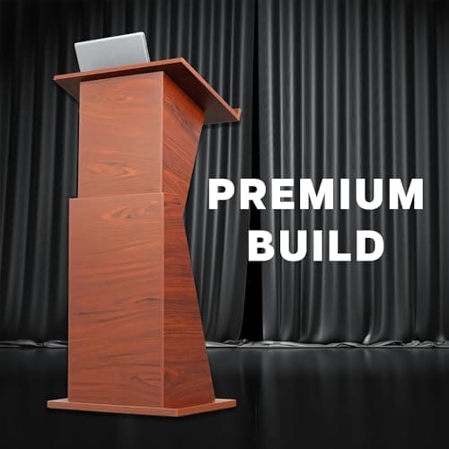 VIVO Pneumatic Height Adjustable Podium, Professional Presentation Lectern with 24 inch Platform and Storage Shelves, Dark Walnut, Stand-PDMH