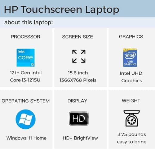 HP Laptop for Business and Student, 15.6" HD Touchscreen, Intel 6-Core i3-1215U Processor, 16GB RAM, 512GB SSD, lntel UHD Graphics, Windows 11 Home, with Microsoft Office Lifetime License