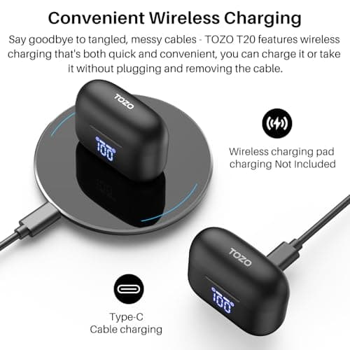 TOZO T20 Wireless Earbuds Bluetooth Headphones 48.5 Hrs Playtime with LED Digital Display, IPX8 Waterproof, Dual Mic Call Noise Cancelling 10mm Broad Range Speakers with Wireless Charging Case
