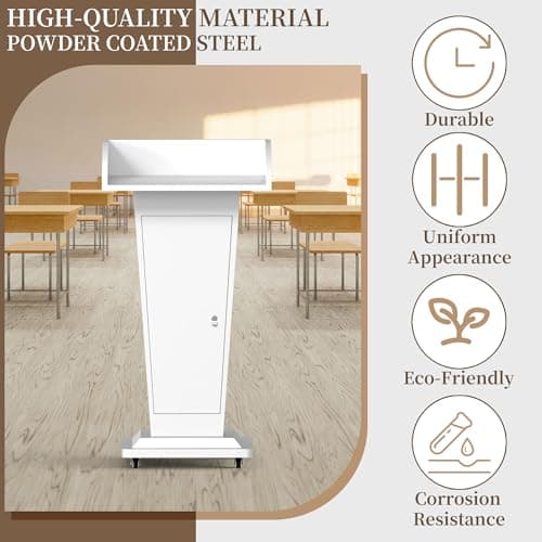 Heavy-Duty Black Metal Podium Stand with Lockable Wheels | Mobile Lectern with Storage Cabinet & Adjustable Height | for Conference Rooms, Churches, Classrooms & Events