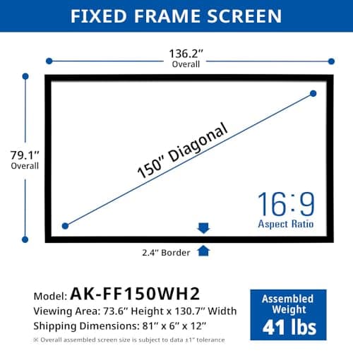Akia Screens Fixed Frame Projector Screen 150 inch 16:9 8K 4K Ultra HD 3D Ready Wall Mount CINEWHITE UHD-B 150 Projection Screen for Indoor Movie Video Home Theater Cinema Office AK-FF150WH2