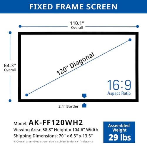 Akia Screens Fixed Frame Projector Screen 120 inch 16:9 8K 4K Ultra HD 3D Ready Wall Mount CINEWHITE UHD-B 120 Projection Screen for Indoor Movie Video Home Theater Cinema Office AK-FF120WH2