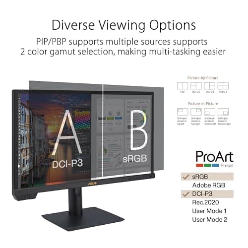 ASUS ProArt Display 24” 4K 12G-SDI HLG Professional Monitor (PA24US) - IPS, UHD (3840 x 2160), 99% Adobe RGB, 95% DCI-P3, ΔE < 1, USB-C, Built-in Motorized Colorimeter, Calman Ready, 3 Year Warranty