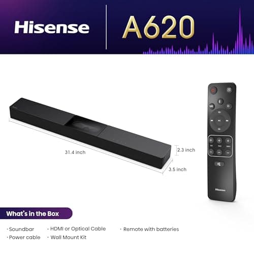 Hisense A620 2.1ch All-in-one Sound Bar with Built-in Subwoofer, 240W, DTS Virtual: X, Dolby Dightal Plus, Bluetooth 5.3, Roku TV Ready, HDMI ARC/AUX/USB, Ez Play, Black (A620, 2024 Model)