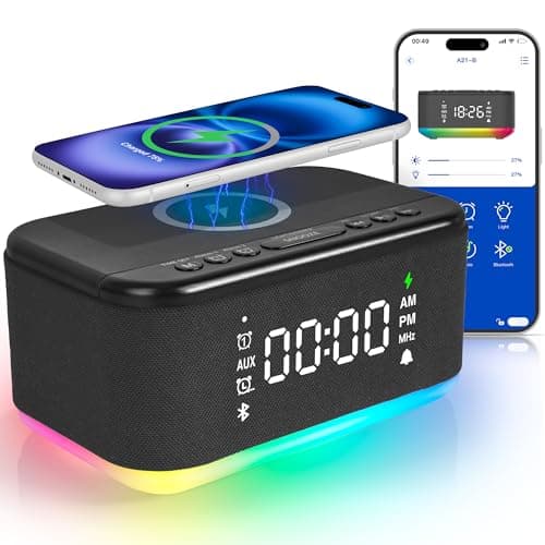 Bluetooth Alarm Clock Radio Bedroom, Digital Dual Alarm Clock Bedroom, Up to 10 Alarms Clock Night Light Speaker App/Button Control FM Charge Snooze Adjustable Volume Dim 12/24H, Black
