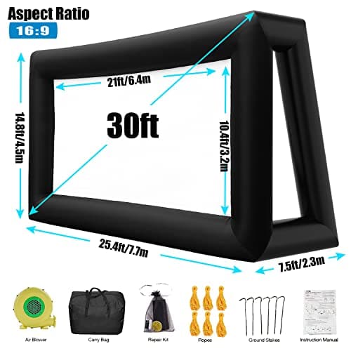 30FT Inflatable Projector Movie Screen for Outdoor, One-Piece Design Front/Rear Projection Mega Theater Outdoor Portable Blow Up Projector Screen with Air Blower for Family Movie Nights