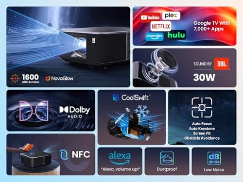 Yaber K3 Projector 1600 ANSI Smart Projector with Google TV, 30W Speaker Sound by JBL, Dolby Audio, Home/Outdoor Movie Projector with WiFi6 and Bluetooth, Auto Screen Adapation,Netflix 7000+app