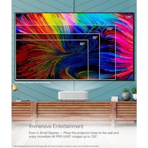 Epson EpiqVision Ultra LS650 Ultra Short Throw 3-Chip 3LCD Smart Streaming Laser Projector, 4K PRO-UHD, HDR, 3,600 Lumens, up to 120", Epson Setting Assistant, Android TV, Sound by Yamaha - White