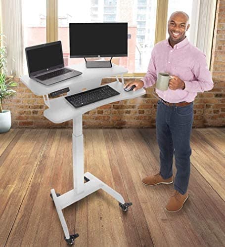 Stand Steady Cruizer Premier Electric Mobile Podium Desk with Keyboard Tray | Sit or Stand Height Adjustable Portable Standing Desk with Wheels | Portable Podium with Programmable Control Pad (White)
