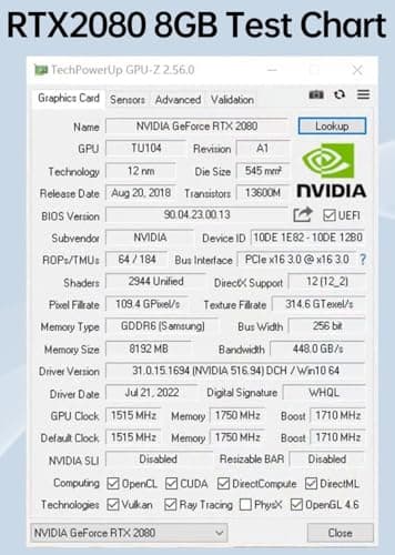 RTX 2080 Graphics Card, 8 GB GDDR6 Performance 101% of 4060 119% of RTX 3060 129% of 2060 Super 256bit 1515/1710/1750 MHz Base/Boost/Mem HDMI 2xDP 8K PCle 3.0x16 Ray Tracing 6+8 pin pwr Cable req'd