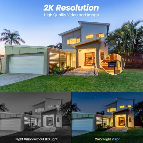 2K Cameras for Home Security-2.4G WiFi Outdoor Camera Wireless Solar/Battery Powered with solar panel, 360° Viewing, AI Human Detection, Color Night Vision, with SD Storage, Works with Alexa(2 Pack)