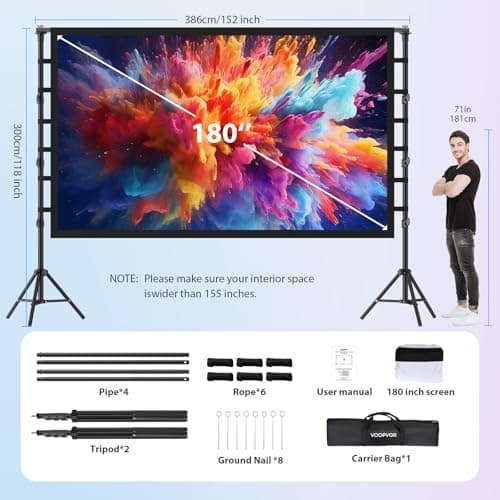 Outdoor Projector Screen with Stand 180 Inch: VOOPVOR Portable Projection Screen and Stand, Indoor Rear Front Movie Screen 16:9 4K HD, with Carry Bag,Support Height Adjustable for Home Theater Camping