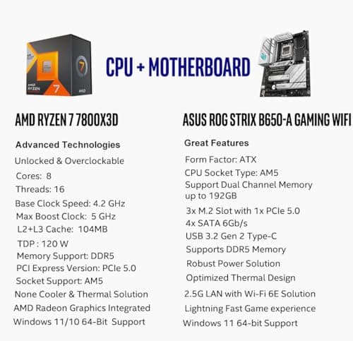 Micro Center CPU Motherboard Kit AMD Ryzen 7 7800X3D Unlocked Desktop Processor with ASUS ROG Strix B650-A Gaming WiFi 6E AM5 (LGA1718) Ryzen 7000 Gaming Motherboard