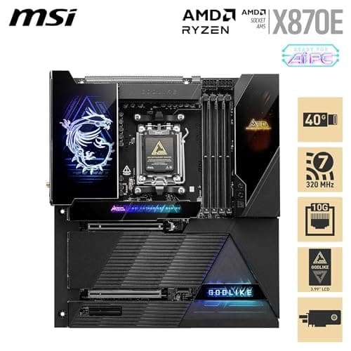MSI MEG X870E GODLIKE, E-ATX - Supports AMD Ryzen 9000/8000/7000 Processors, AM5 - Dynamic Dashboard III, EZ Slide M.2, 110A SPS, DDR5 Memory (9000+ MT/s OC), M.2 & PCIe 5.0, USB4, Wi-Fi 7, 10G LAN