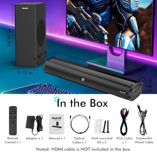 Sound Bars for TV with Subwoofer 2.1 CH 120W Soundbar for TV, for PC, Gaming, Surround Sound System TV Sound Bar Speakers, Home Theater with Bluetooth, HDMI, AUX, USB, Opt Connection, 16 Inch, MF604S